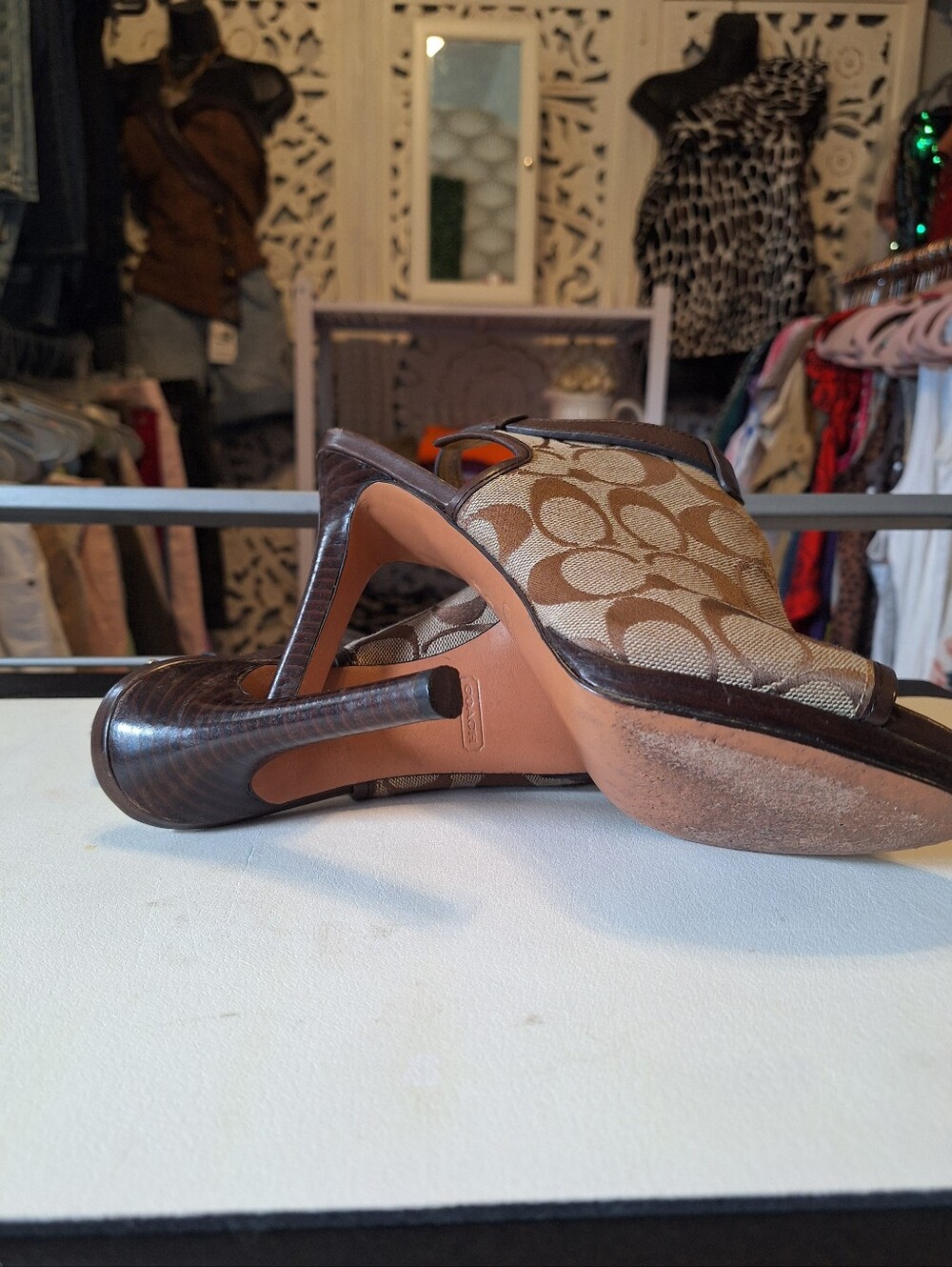 Coach Tan/Brown Signature Canvas Peep-Toe Mules - Picture 3 of 7